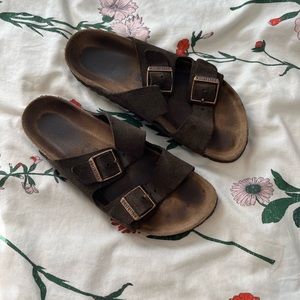 Brown suede arizona birkenstocks